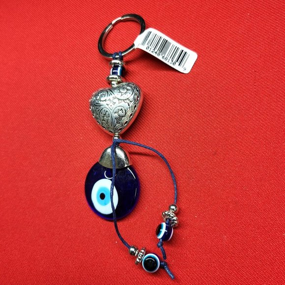 Keychain Key Ring Blue Glass Evil Eye Puffy Heart Silver Tone Metal Etched - Picture 9 of 11